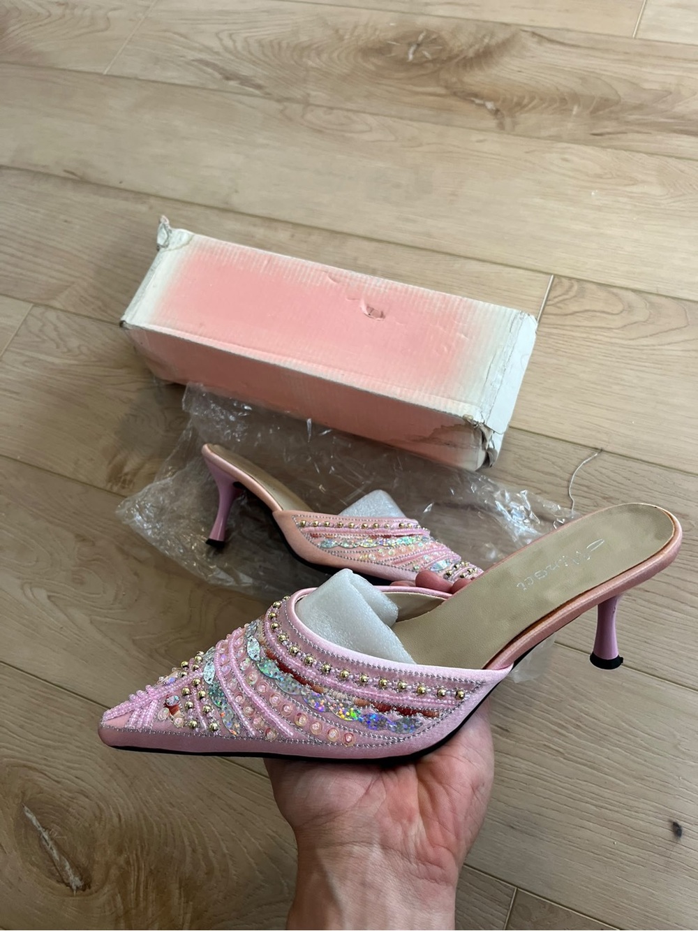 & Other Stories Pink Beaded Pointed-Toe Kitten Heels